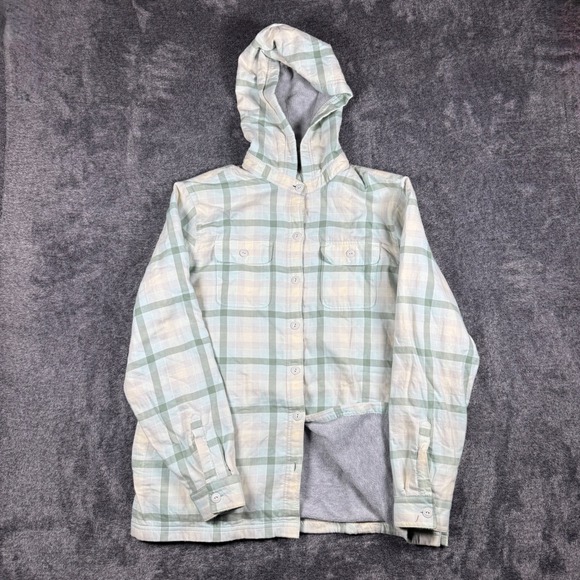L.L. Bean Jackets & Blazers - LL Bean Womens Plaid Hooded Flannel Shirt Jacket Fleece Lined Green M 296823